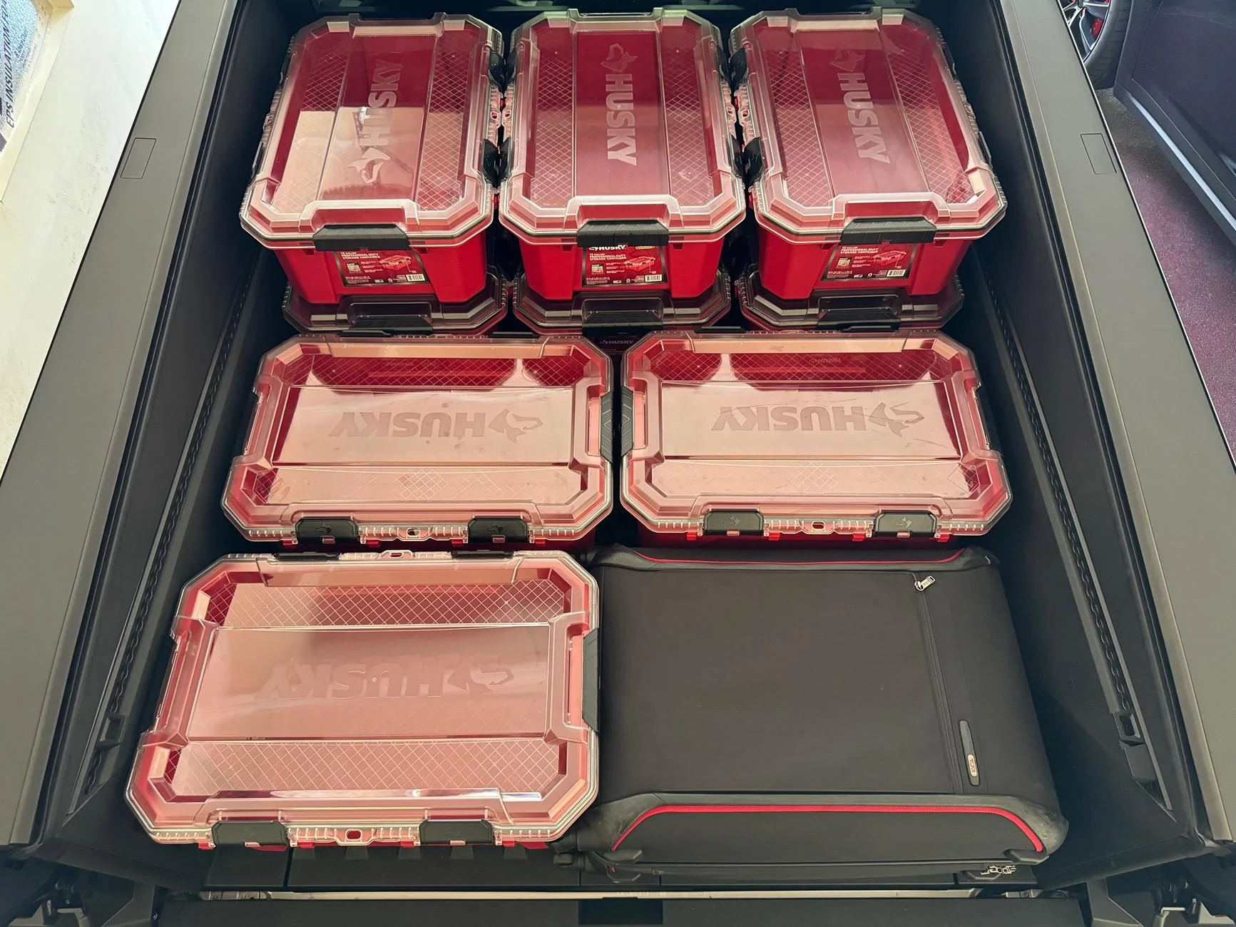Tesla Cybertruck Aftermarket Bed Storage Bins -- Husky Heavy Duty Waterproof Stackable Plastic Storage Containers [Updated w/ photos vs. Tesla Vault Bins] IMG_9123