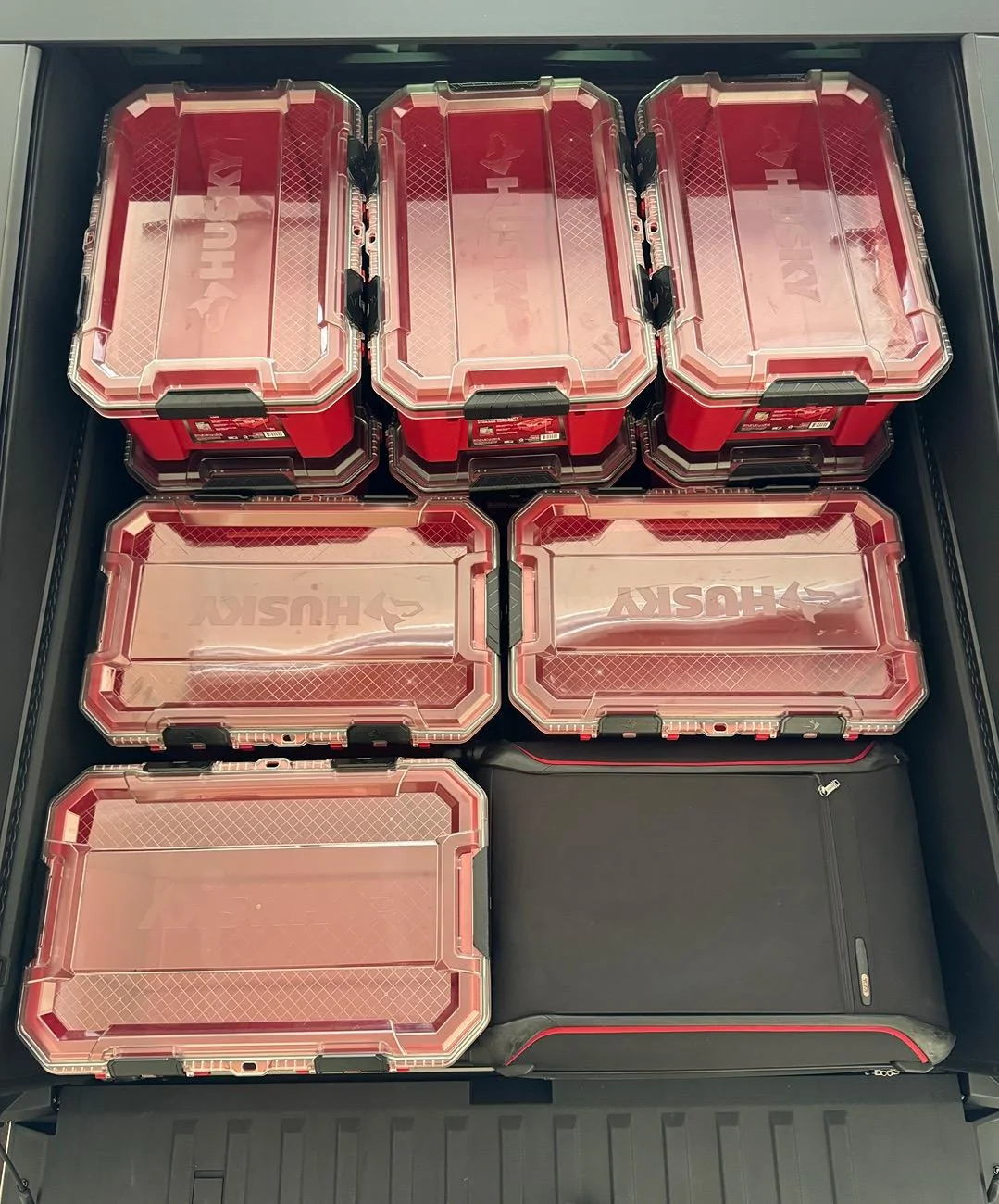 Tesla Cybertruck Aftermarket Bed Storage Bins -- Husky Heavy Duty Waterproof Stackable Plastic Storage Containers [Updated w/ photos vs. Tesla Vault Bins] IMG_9122