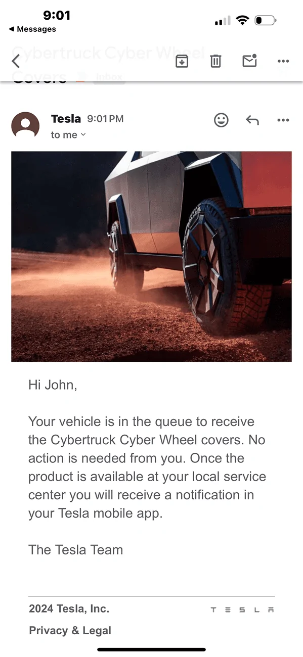 Tesla Cybertruck 📬 Email: Cyber Wheel Covers queue - YES! IMG_1506