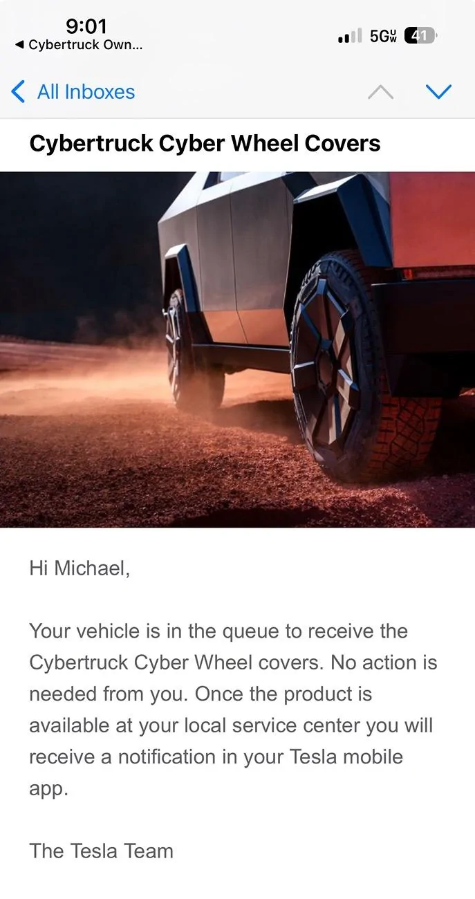 Tesla Cybertruck 📬 Email: Cyber Wheel Covers queue - YES! IMG_3386