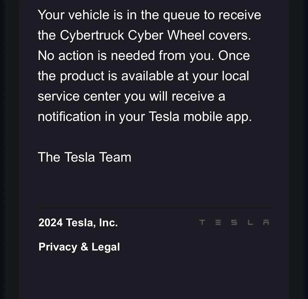 Tesla Cybertruck 📬 Email: Cyber Wheel Covers queue - YES! IMG_0461