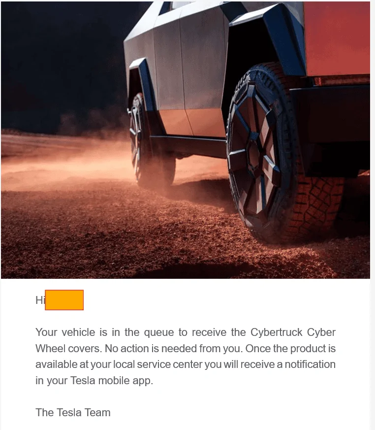 Tesla Cybertruck 📬 Email: Cyber Wheel Covers queue - YES! 1721437500235-q