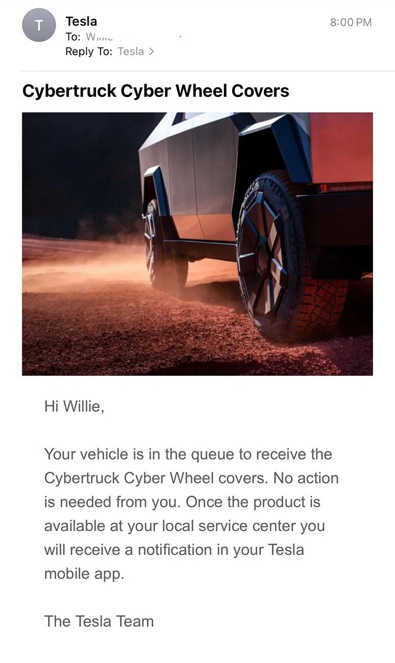 Tesla Cybertruck 📬 Email: Cyber Wheel Covers queue - YES! IMG_2389