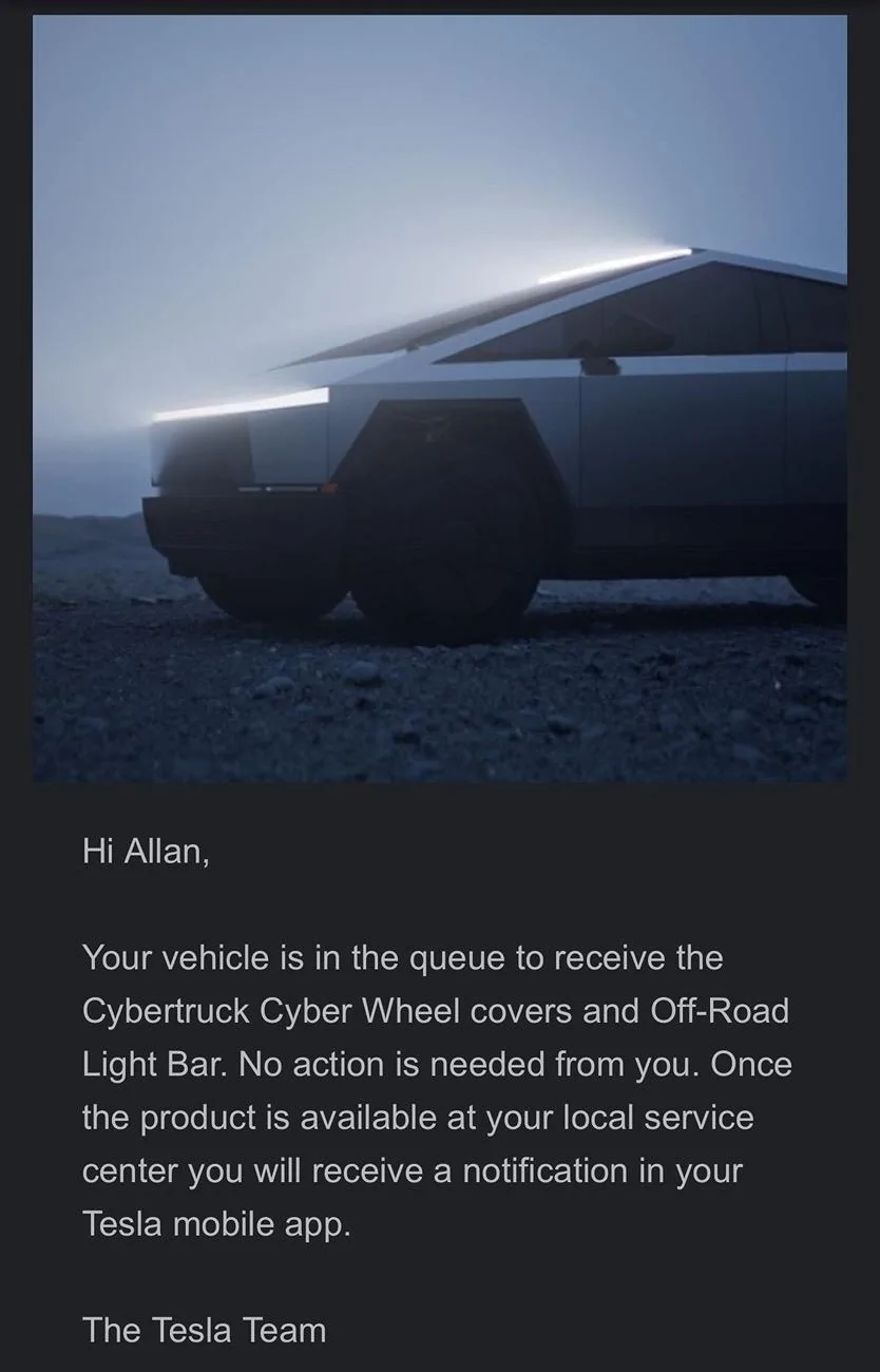 Tesla Cybertruck 📬 Email: Cyber Wheel Covers queue - YES! IMG_0018