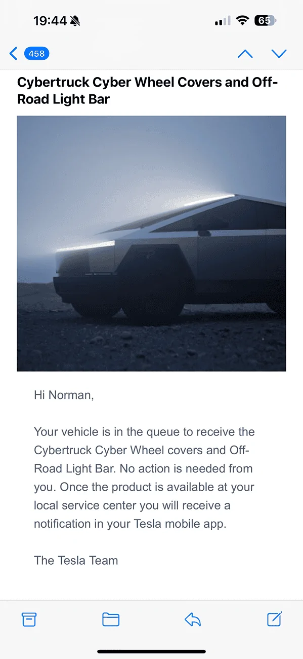 Tesla Cybertruck 📬 Email: Cyber Wheel Covers queue - YES! IMG_3539