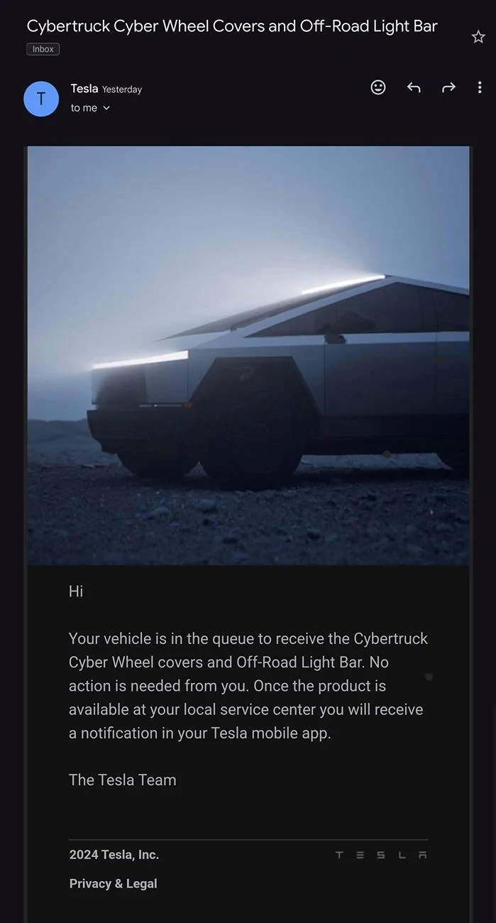 Tesla Cybertruck 📬 Email: Light Bar + Wheel Covers queue! Screenshot_20240720_094257_Gmail (1)