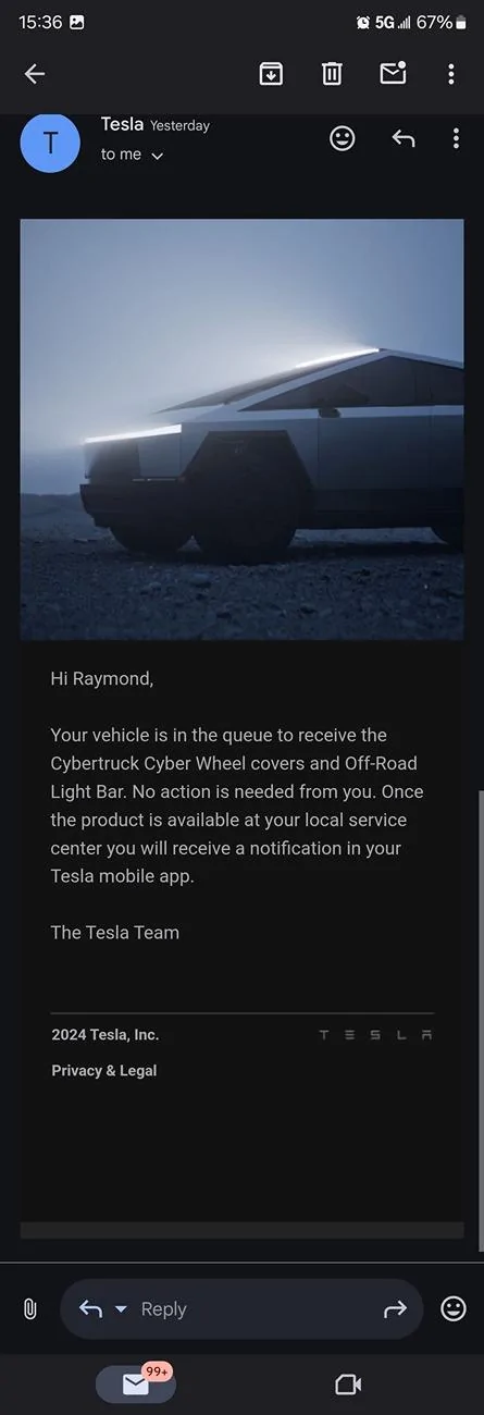 Tesla Cybertruck 📬 Email: Light Bar + Wheel Covers queue! Screenshot_20240720_153657_Gmail