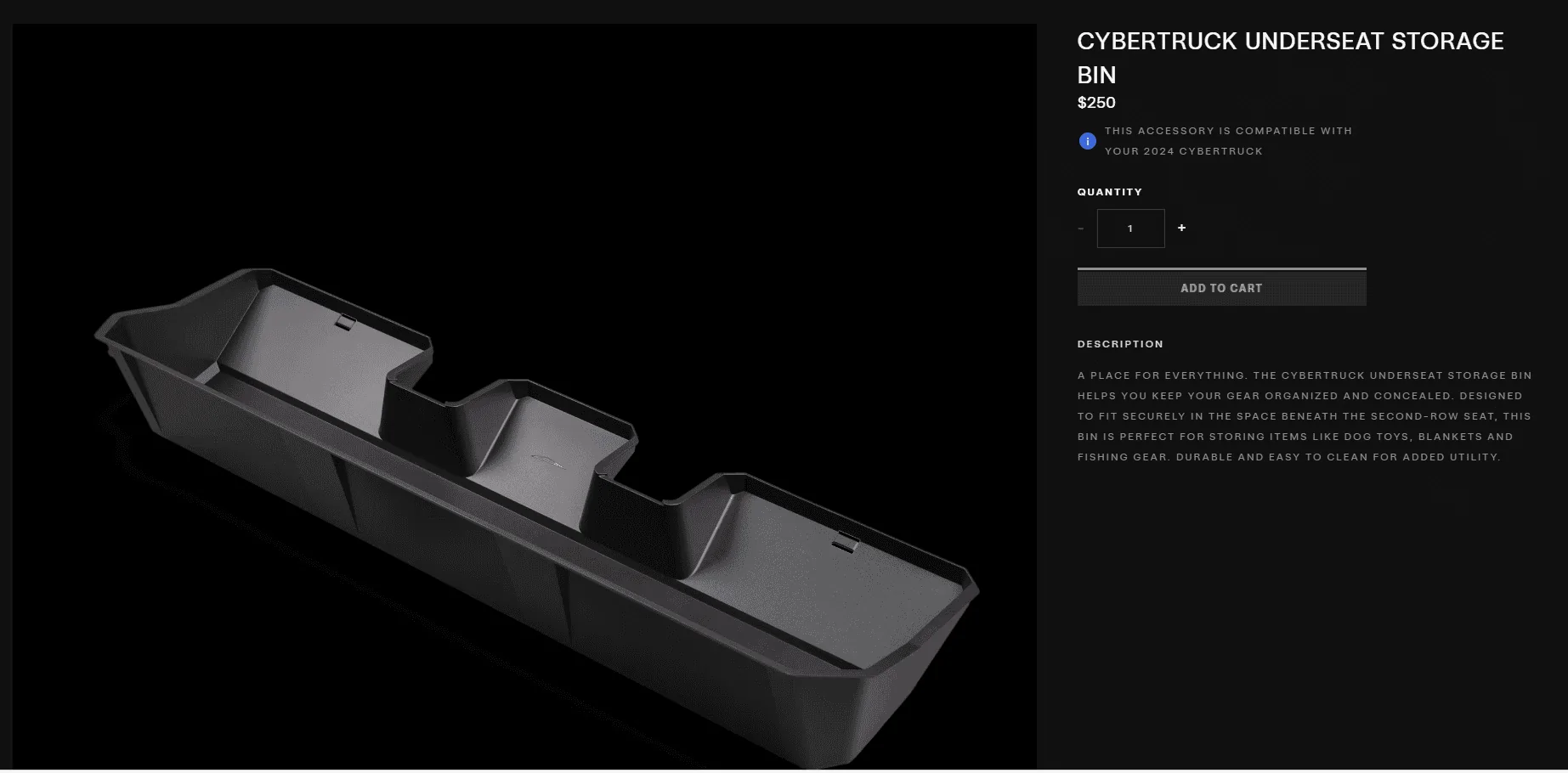 Tesla Cybertruck Cybertruck Underseat Storage Bin back in stock 7/20/24 1721517260612-y