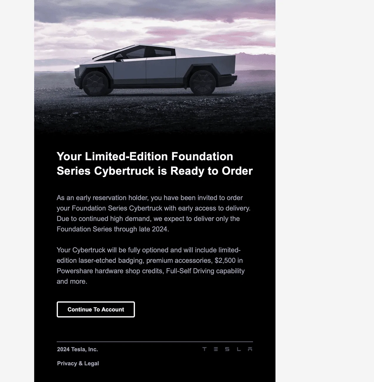 Tesla Cybertruck Received my Foundation Series Invite but when I log in to my account there's no option to place the order Screenshot 2024-07-22 at 7.45.28 PM