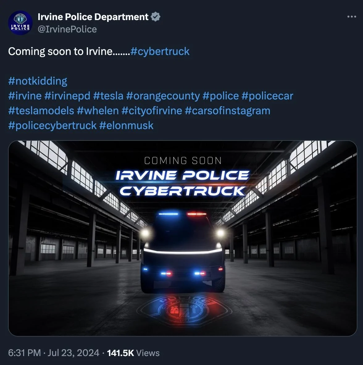 Tesla Cybertruck Irvine Police Cybertruck Announced - Coming Soon irvine police cybertruck