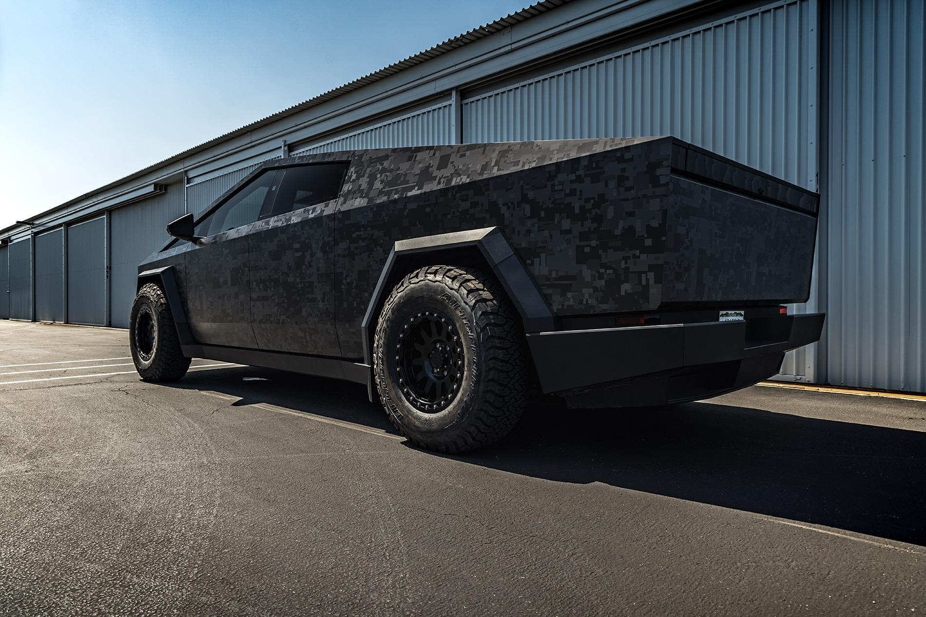 Tesla Cybertruck Camo / Camouflage Vinyl Wrap & PPF Cybertruck -- Photos & Videos Digital Camo Wrapped Tesla Cybertruck - 18 inch UP 03 Beadlock Satin Black Forged Wheels By Un