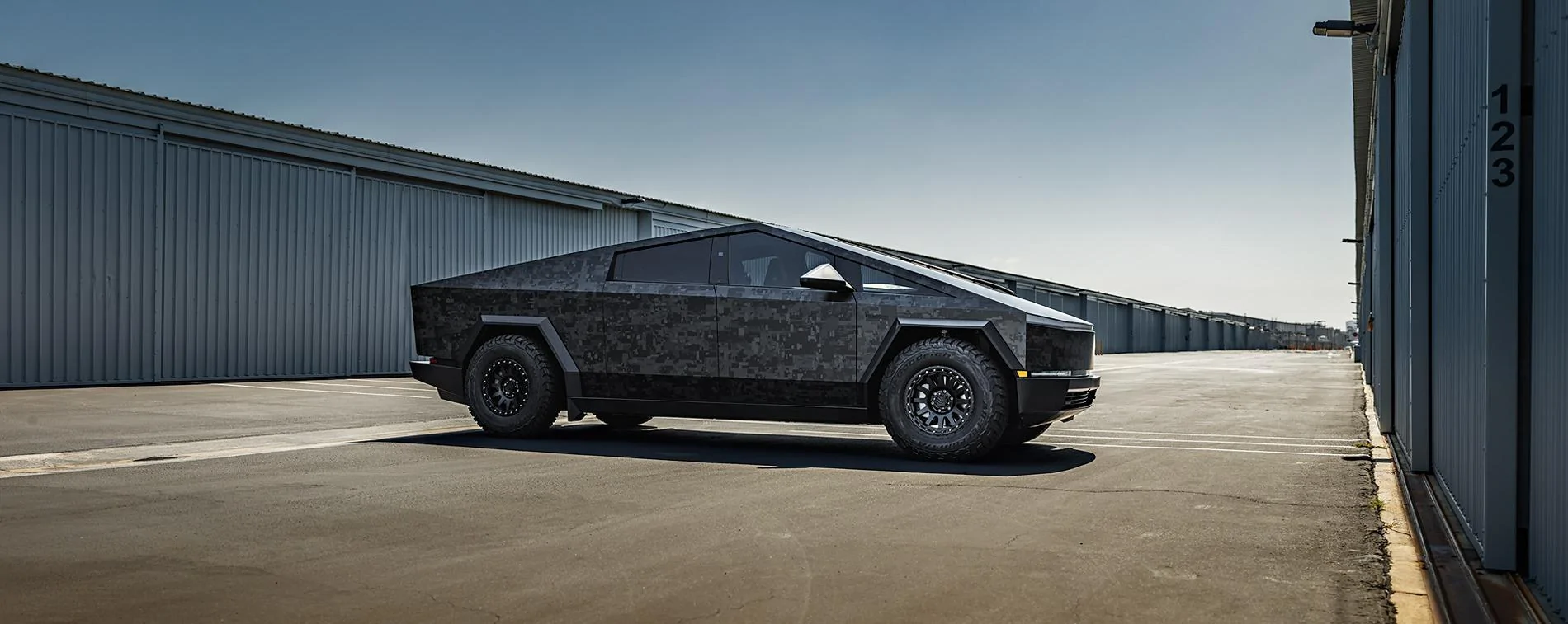 Tesla Cybertruck Camo / Camouflage Vinyl Wrap & PPF Cybertruck -- Photos & Videos Digital Camo Wrapped Tesla Cybertruck - 18 inch UP 03 Beadlock Satin Black Forged Wheels By U