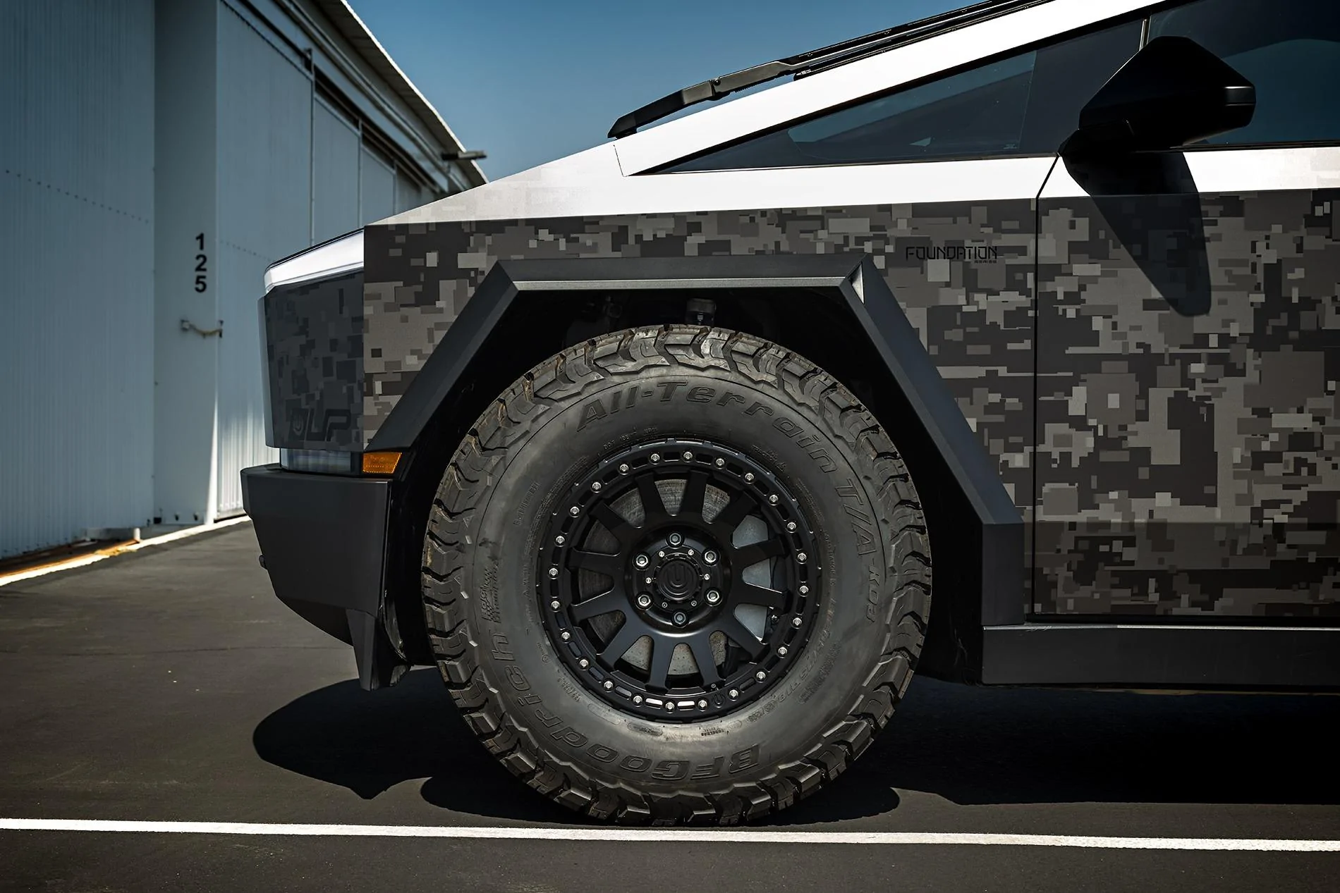 Tesla Cybertruck Camo / Camouflage Vinyl Wrap & PPF Cybertruck -- Photos & Videos Digital Camo Wrapped Tesla Cybertruck - 18 inch UP 03 Beadlock Satin Black Forged Wheels By U