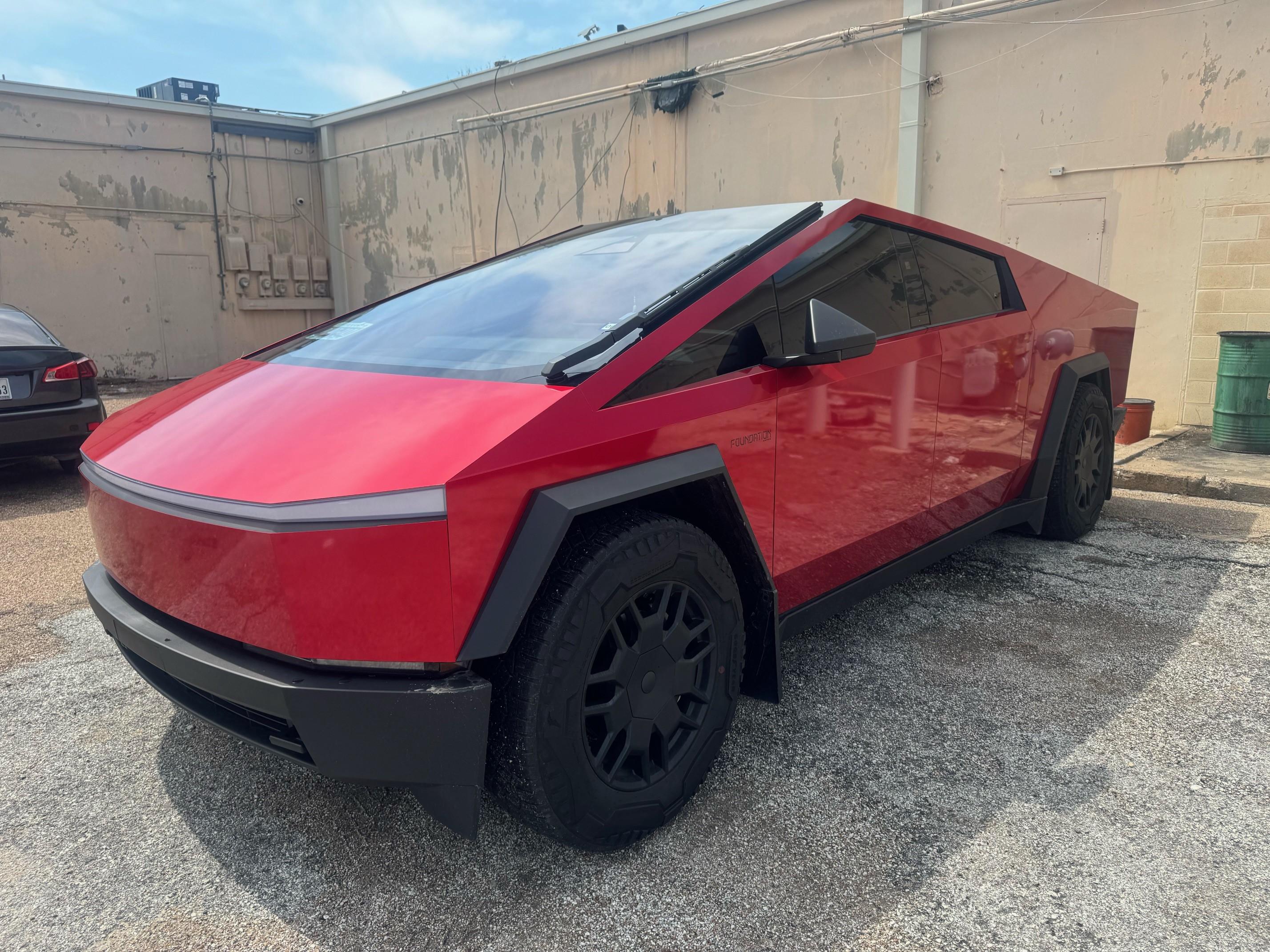 Tesla Cybertruck RealWheels EV Black Running Boards - Before & After Photos Khanh Vu Black Running Boards Red Cybertruck Before-1