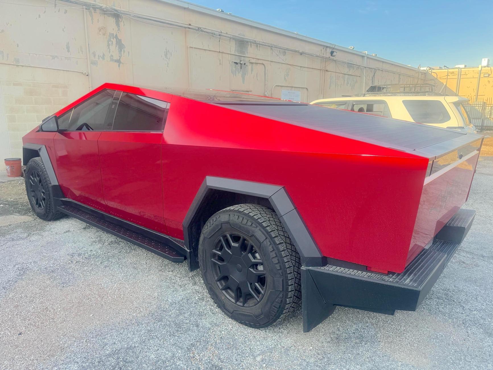 Tesla Cybertruck RealWheels EV Black Running Boards - Before & After Photos Khanh Vu Black Running Boards Red Cybertruck-2
