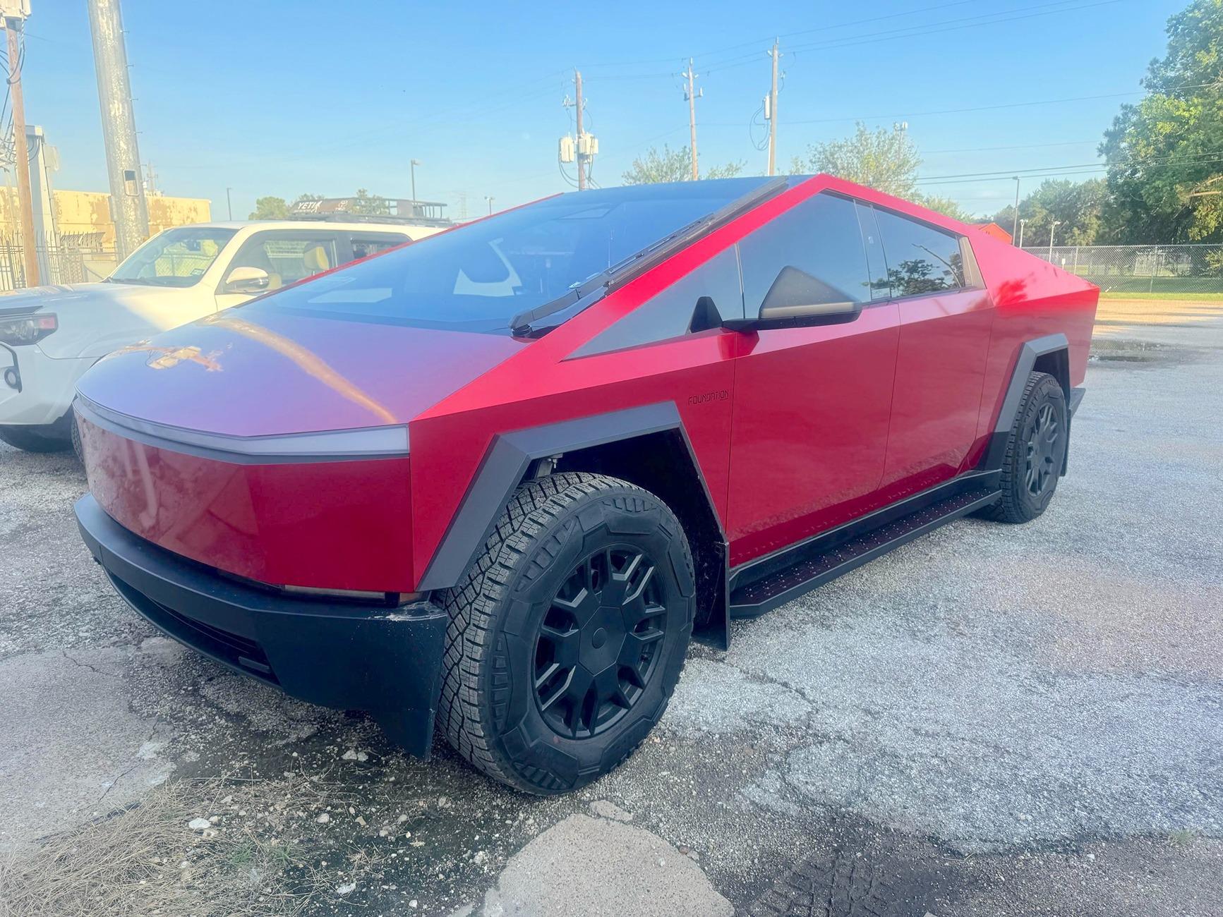 Tesla Cybertruck RealWheels EV Black Running Boards - Before & After Photos Khanh Vu Black Running Boards Red Cybertruck-1