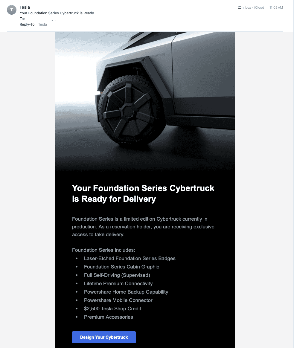 Tesla Cybertruck Cyberbeast $250 reservation placed 1/4/24....Just received the email to order a foundation series.... Screenshot 2024-08-02 at 11.06.24 AM