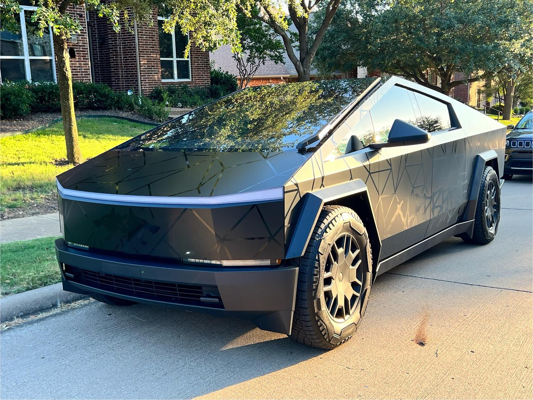 Tesla Cybertruck Black Satin Wrap + Gloss Poly Lines and Gloss CyberBeast Lettering IMG_1698