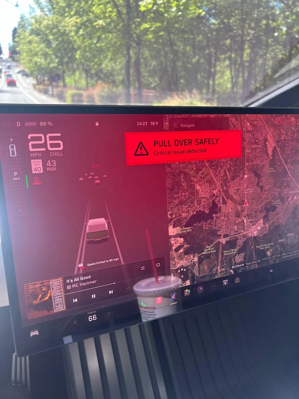 Tesla Cybertruck Cyber breakdown on freeway -- "PULL OVER SAFELY Vehicle Shutting Down" IMG_5292