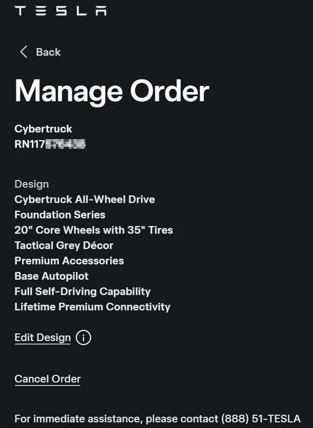 Tesla Cybertruck Resubmitting order and got vin within an hour manageorder