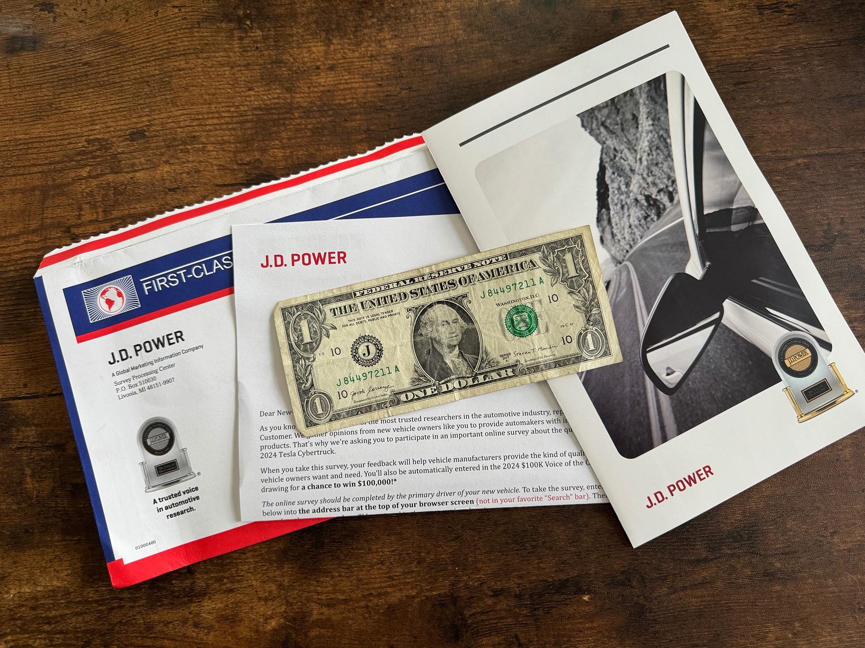 Tesla Cybertruck Survey mail from J.D. Power containing cash IMG_7028