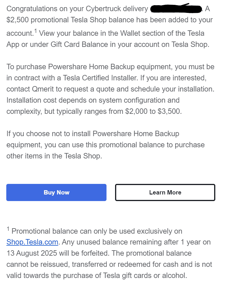 Tesla Cybertruck Powershare $2500 is a gift card balance now 1723721586437-zk