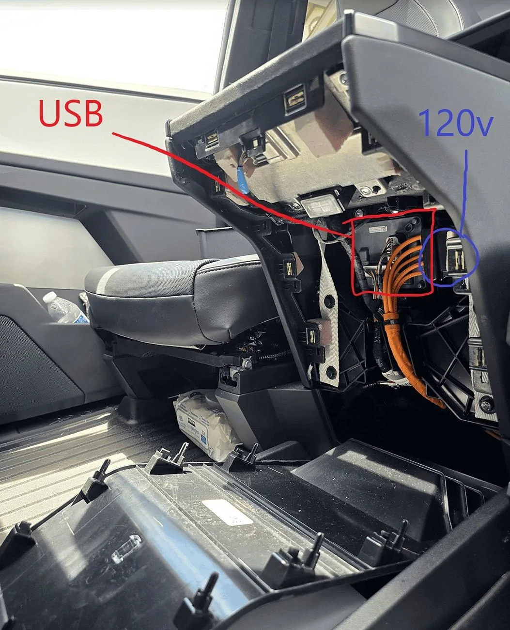 Tesla Cybertruck Anyone drilled into front of center console for a power wire / cable to come out? 1718995926264-6t-png