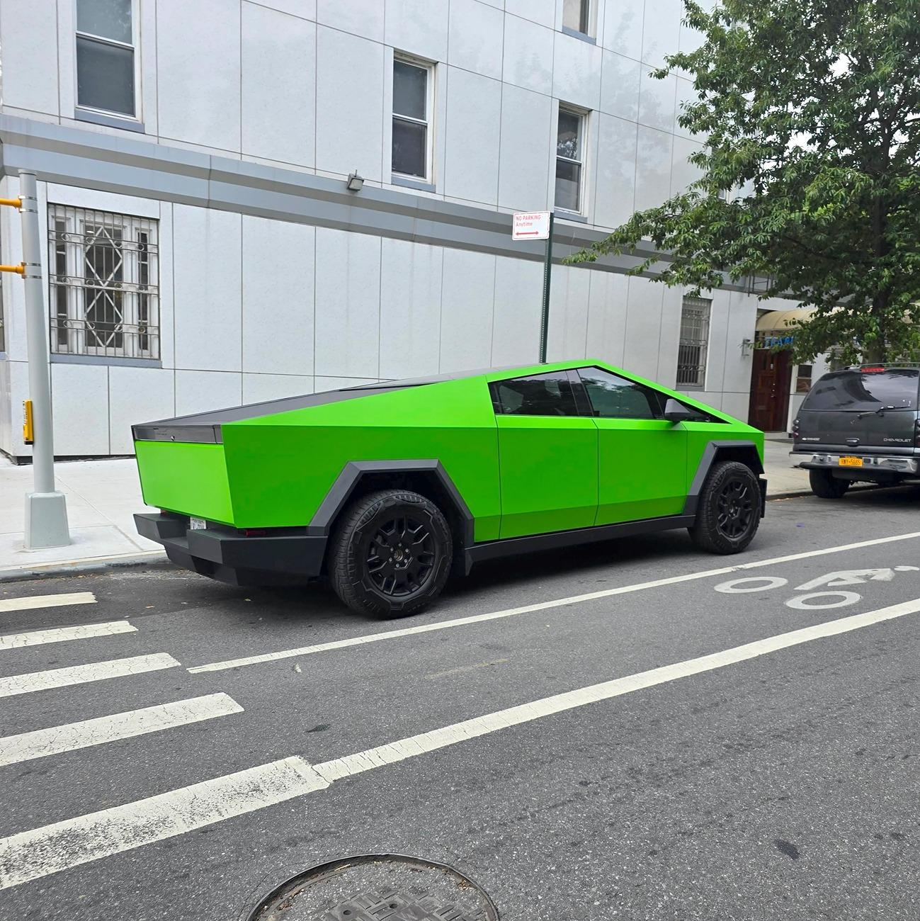 Tesla Cybertruck GREEN Vinyl Wrap & PPF Cybertruck -- Photos & Videos chroma-key-green-wrapped-cybertruck-in-brooklyn-thought-the-v0-uzqsb57ul8jd1