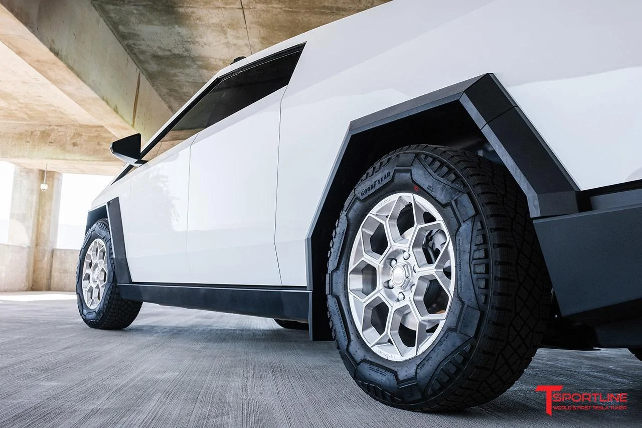 Tesla Cybertruck Cybertruck Aftermarket Wheels & Tires Photos + Info Compilation TMaxx Hyper Gloss White Tesla Cybertruck with 20%22 CT7 and Offroad Light Bar 1