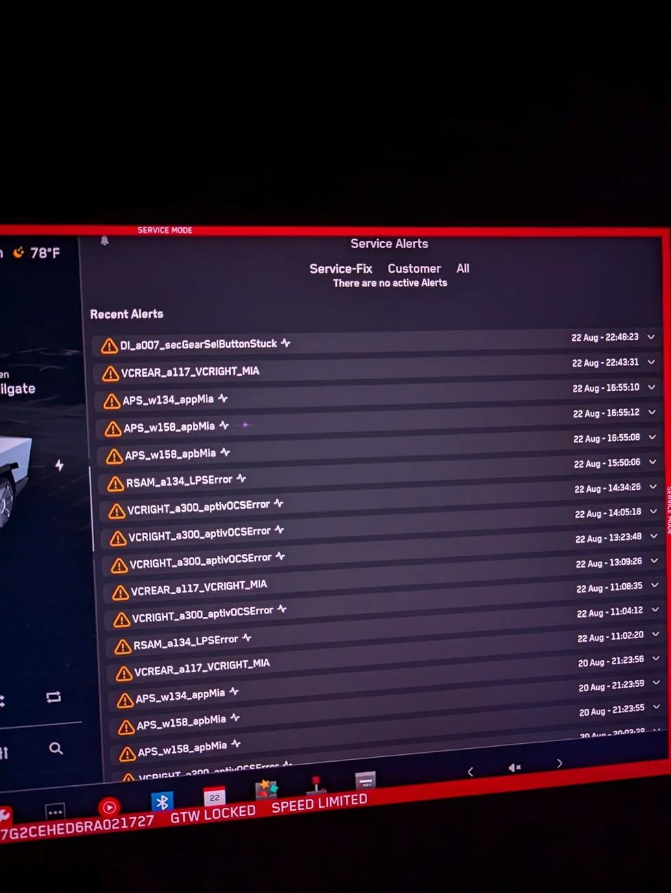 Tesla Cybertruck Service Mode Alerts - pages of recent alerts! PXL_20240823_041045473