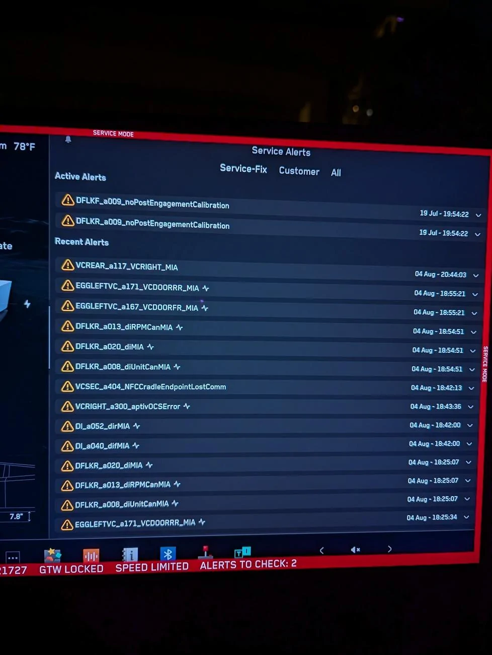 Tesla Cybertruck Service Mode Alerts - pages of recent alerts! PXL_20240805_014910579