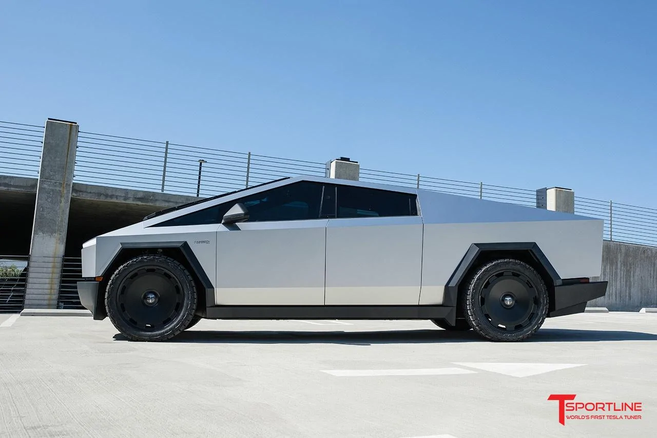 Tesla Cybertruck Inozetek Satin Liquid Metallic Star Silver PPF keeps a stainless steel look Cybertruck wrap Inozetek Satin Liquid Metallic Star Silver PPF with 24%22 CTM Monoblock Wheel