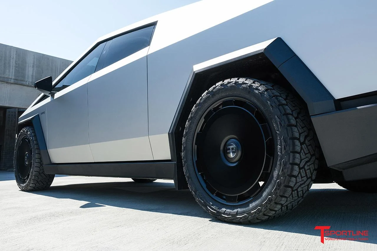 Tesla Cybertruck Inozetek Satin Liquid Metallic Star Silver PPF keeps a stainless steel look Cybertruck wrap Inozetek Satin Liquid Metallic Star Silver PPF with 24%22 CTM Monoblock Wheel