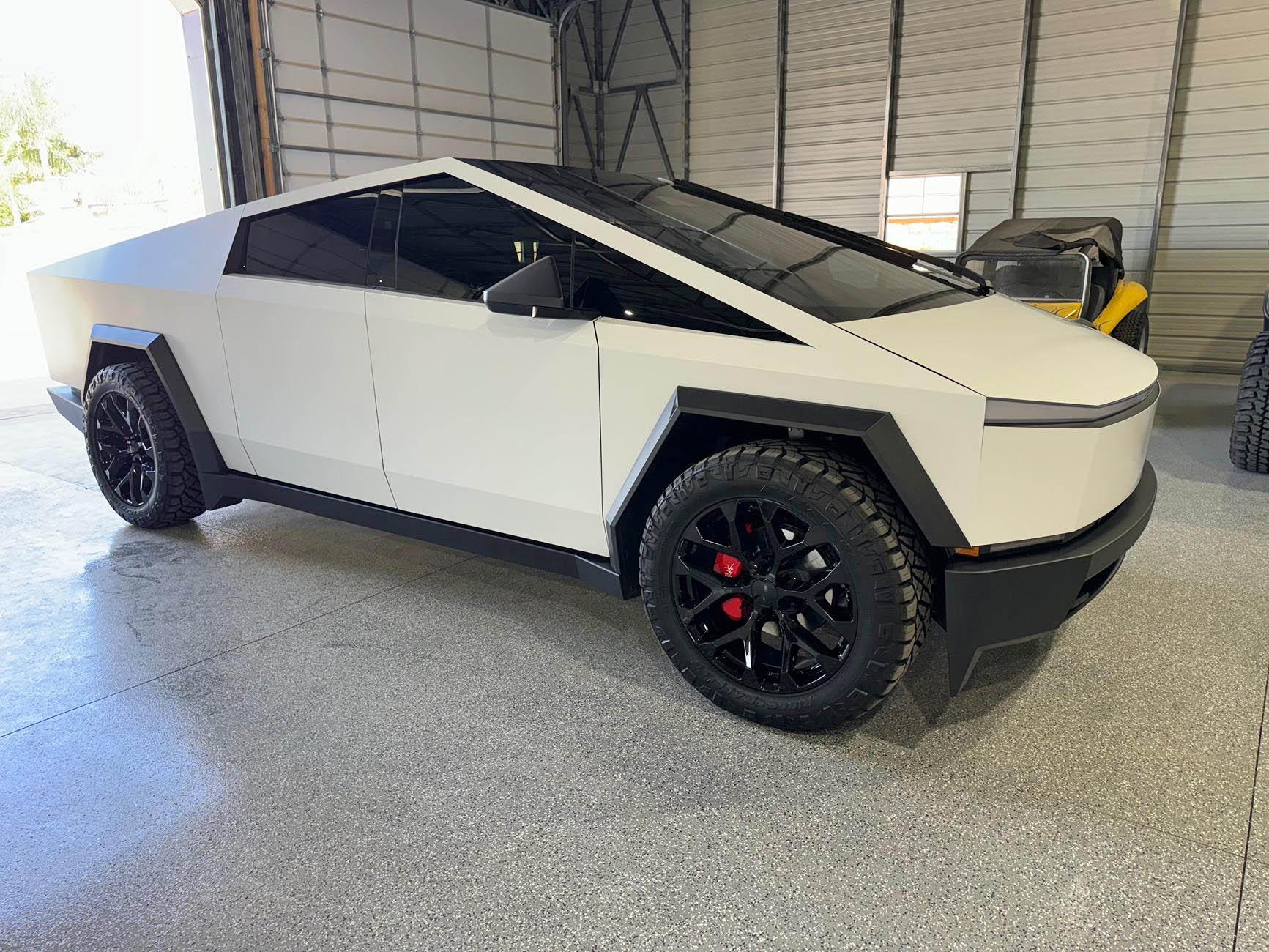 Tesla Cybertruck New Wrap (Satin White), Aftermarket Wheels, Nitto Ridge Grappler Tires, Painted Brakes Calipers w/ Cybertruck Logo IMG_0094 (3)