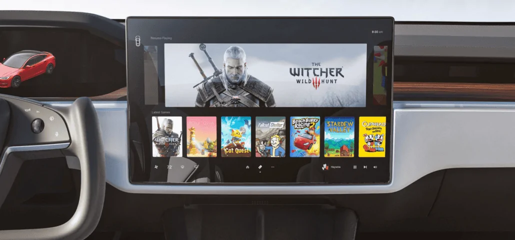 Tesla Cybertruck AMD adds Tesla as a customer after winning over the PC market TESLA-Model-S-2021-Cyberpunk-2077-Game-_3-1030x481