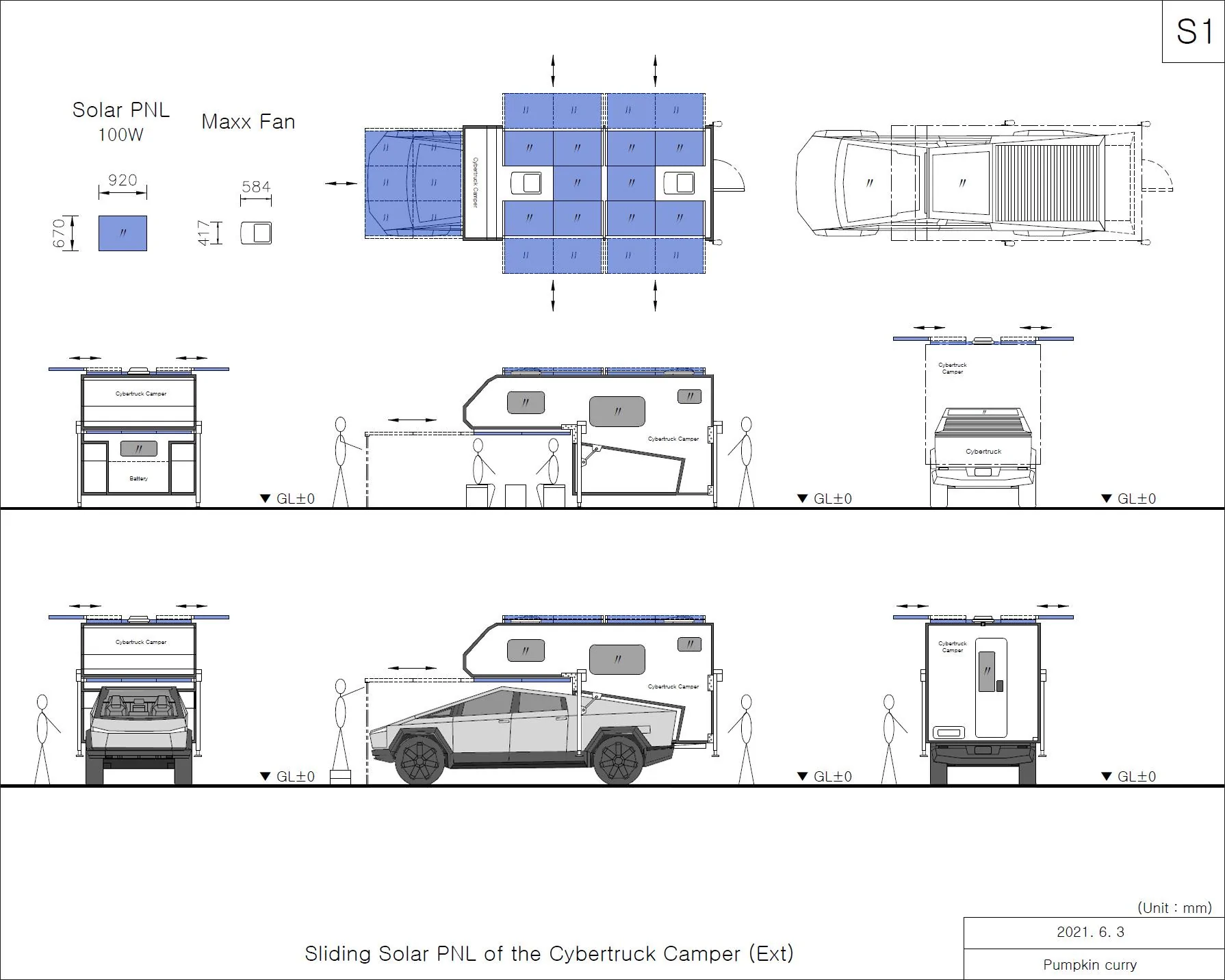 Tesla Cybertruck Cybertruck camper with expandable sliding solar panel S1-칼라-테두리-차체