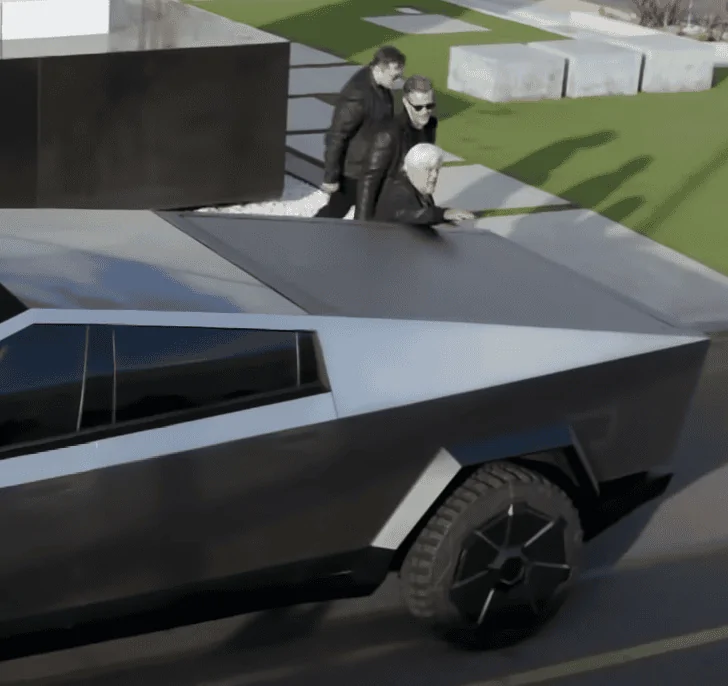 Tesla Cybertruck For retail customers, the lowest priced full-size pickup truck with 300mi range, Ford F-150 Lightning Pro ER or Tesla Cybertruck? jayleno-arm-on-cybertruck-Screenshot