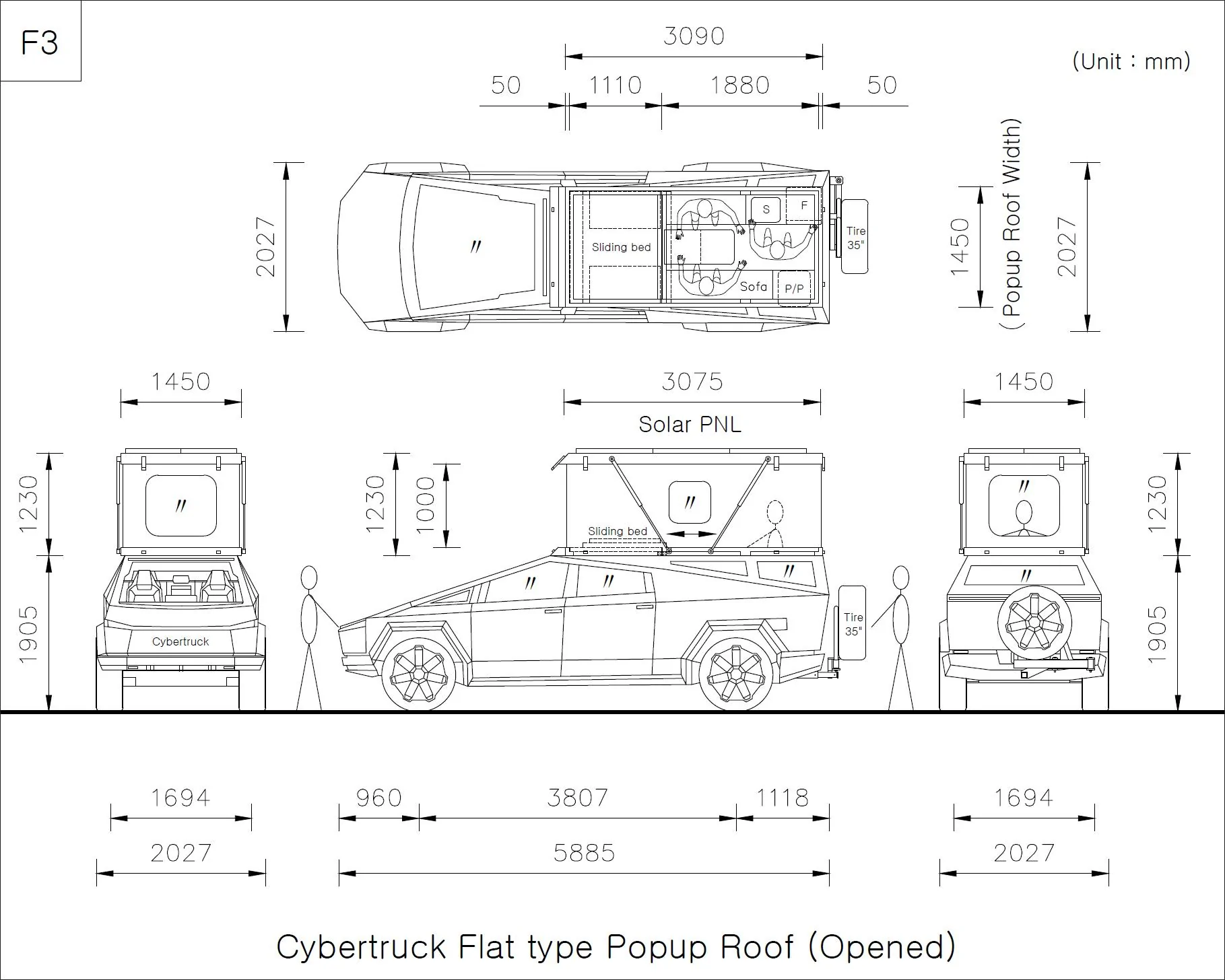 Tesla Cybertruck Cybertruck camper with spare tire carrier on tailgate F3