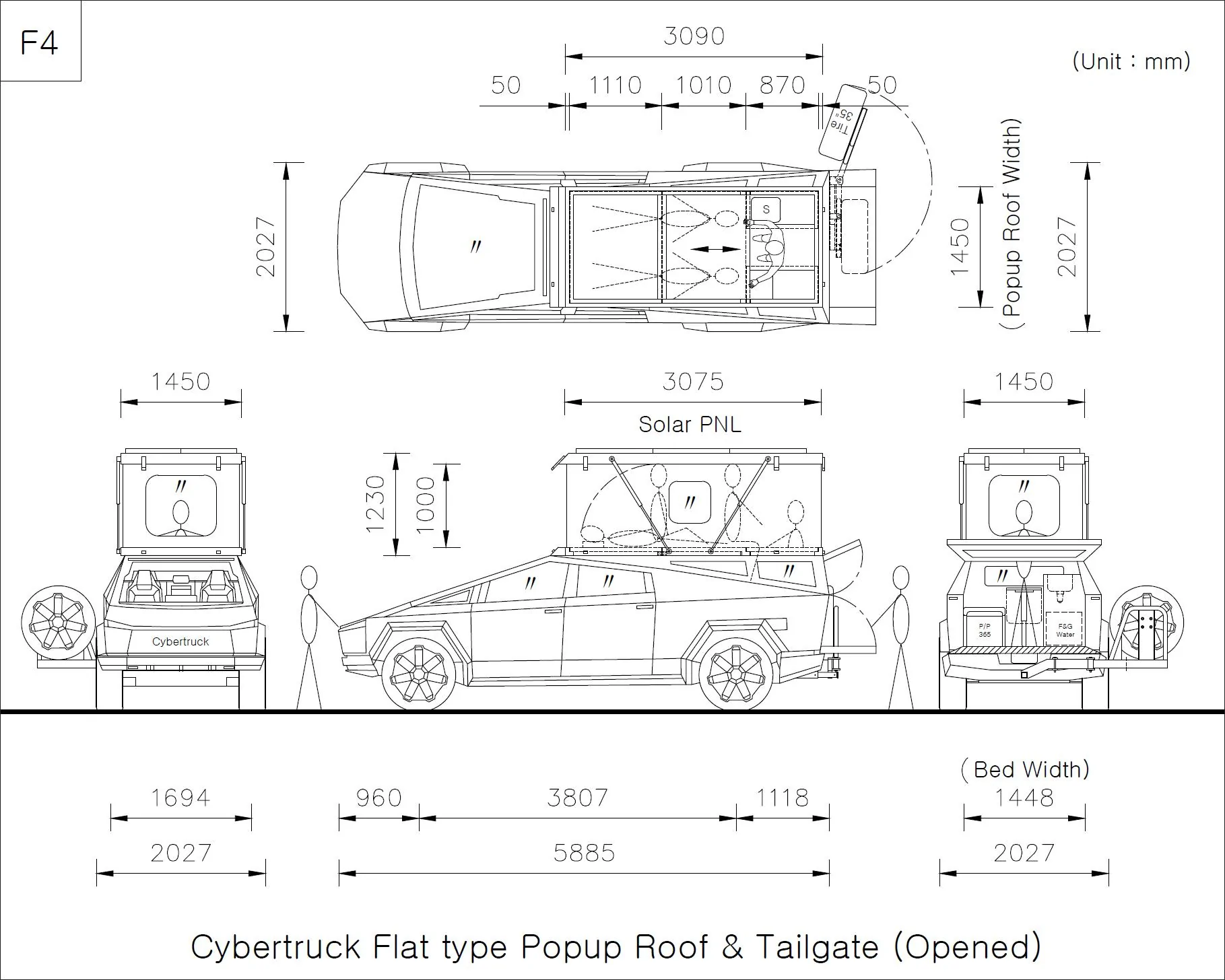 Tesla Cybertruck Cybertruck camper with spare tire carrier on tailgate F4