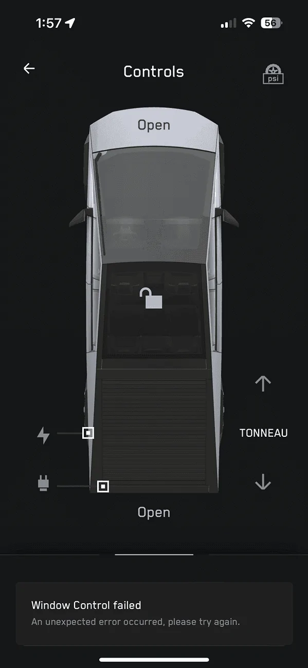 Tesla Cybertruck Window Control Failed alert App 4.36.1 IMG_0490