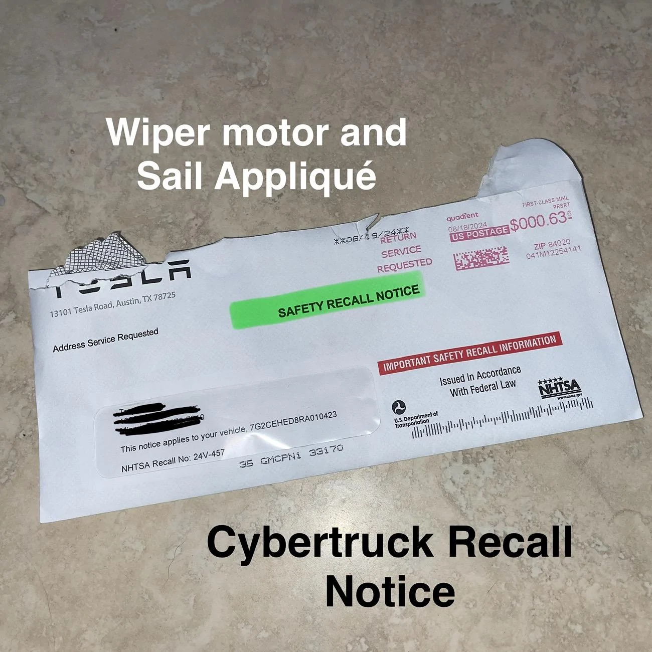 Tesla Cybertruck Recall Notice Letter: Wiper Motor and Sail Applique IMG_9920