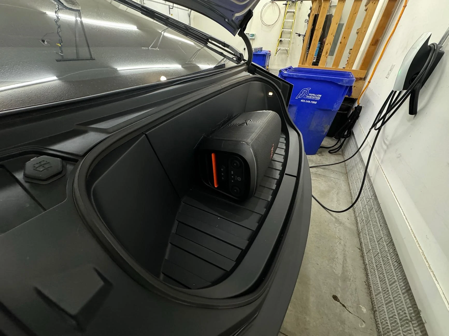 Tesla Cybertruck Party speaker in frunk -- which ones fit and can be secured with factory cargo net? IMG_3523