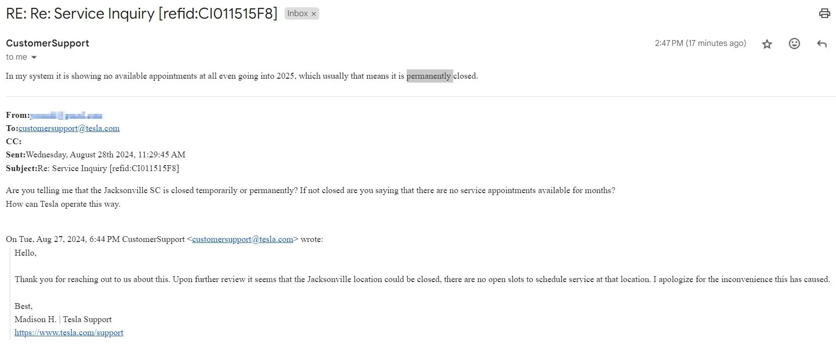 Tesla Cybertruck Being told by Tesla customer support the the Jacksonville FL SC is possibly permanently closed 2024-08-28 15_05_21-Inbox - youndd@gmail.com - Gmail
