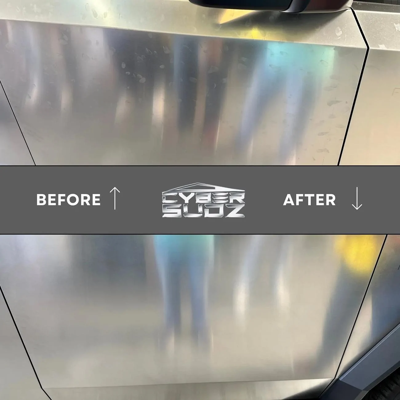 Tesla Cybertruck CyberSudZ - Formulated For CyberTruck Cleaning (Wash & Shine ++ Spray & Shine) Before_After_CyberSudZ (1)