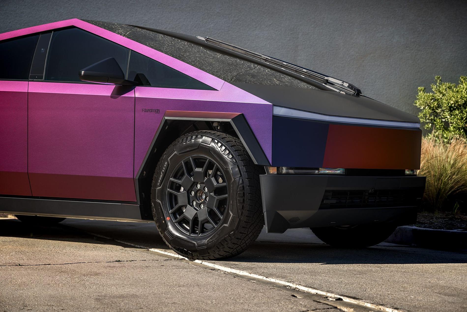 Tesla Cybertruck COLOR SHIFT / FADE / CHAMELEON Vinyl Wrap & PPF Cybertruck -- Photos & Videos Avery Dennison SW900 Satin Roaring Thunder vinyl wrap on Cybertruck 10