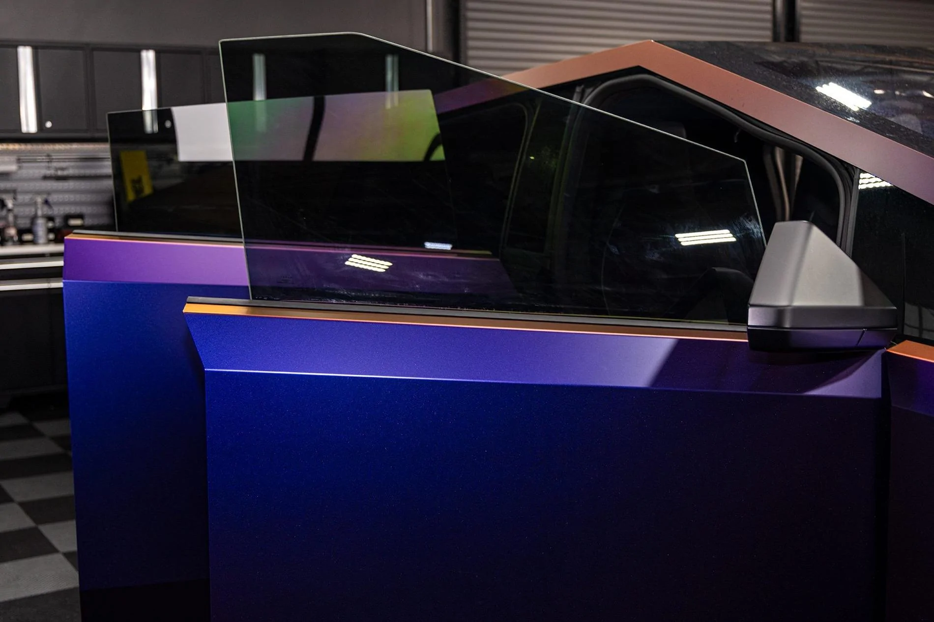 Tesla Cybertruck COLOR SHIFT / FADE / CHAMELEON Vinyl Wrap & PPF Cybertruck -- Photos & Videos Avery Dennison SW900 Satin Roaring Thunder vinyl wrap on Cybertruck 6