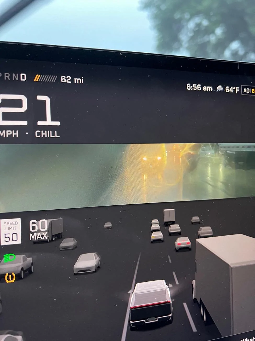 Tesla Cybertruck Rear view camera image blocked in light rain IMG_9669