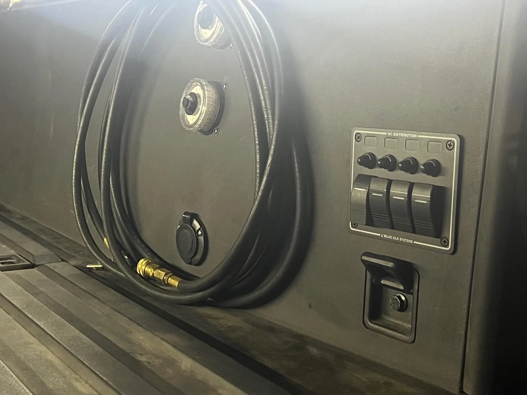 Tesla Cybertruck Hidden 200psi air compressor and 2.5gal tank installed under bed vault IMG_2833