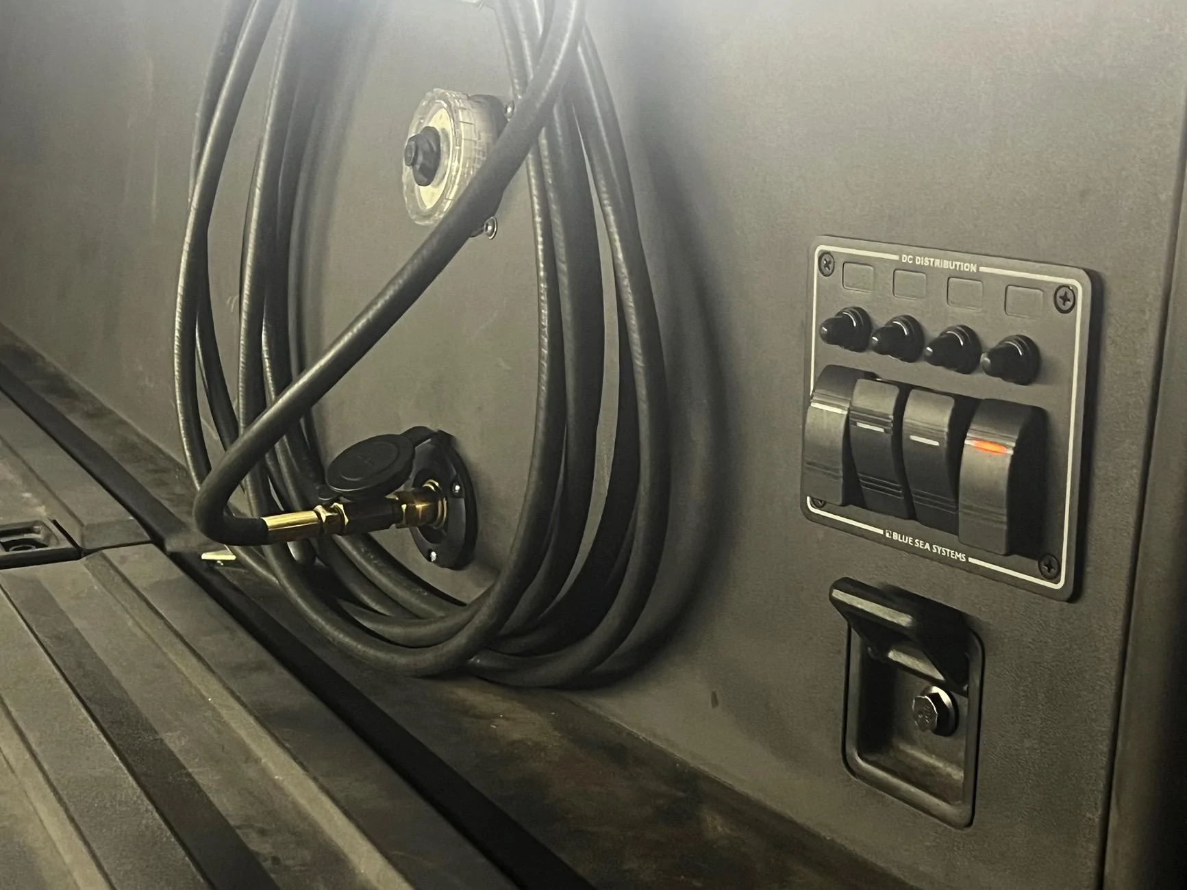 Tesla Cybertruck Hidden 200psi air compressor and 2.5gal tank installed under bed vault IMG_2834