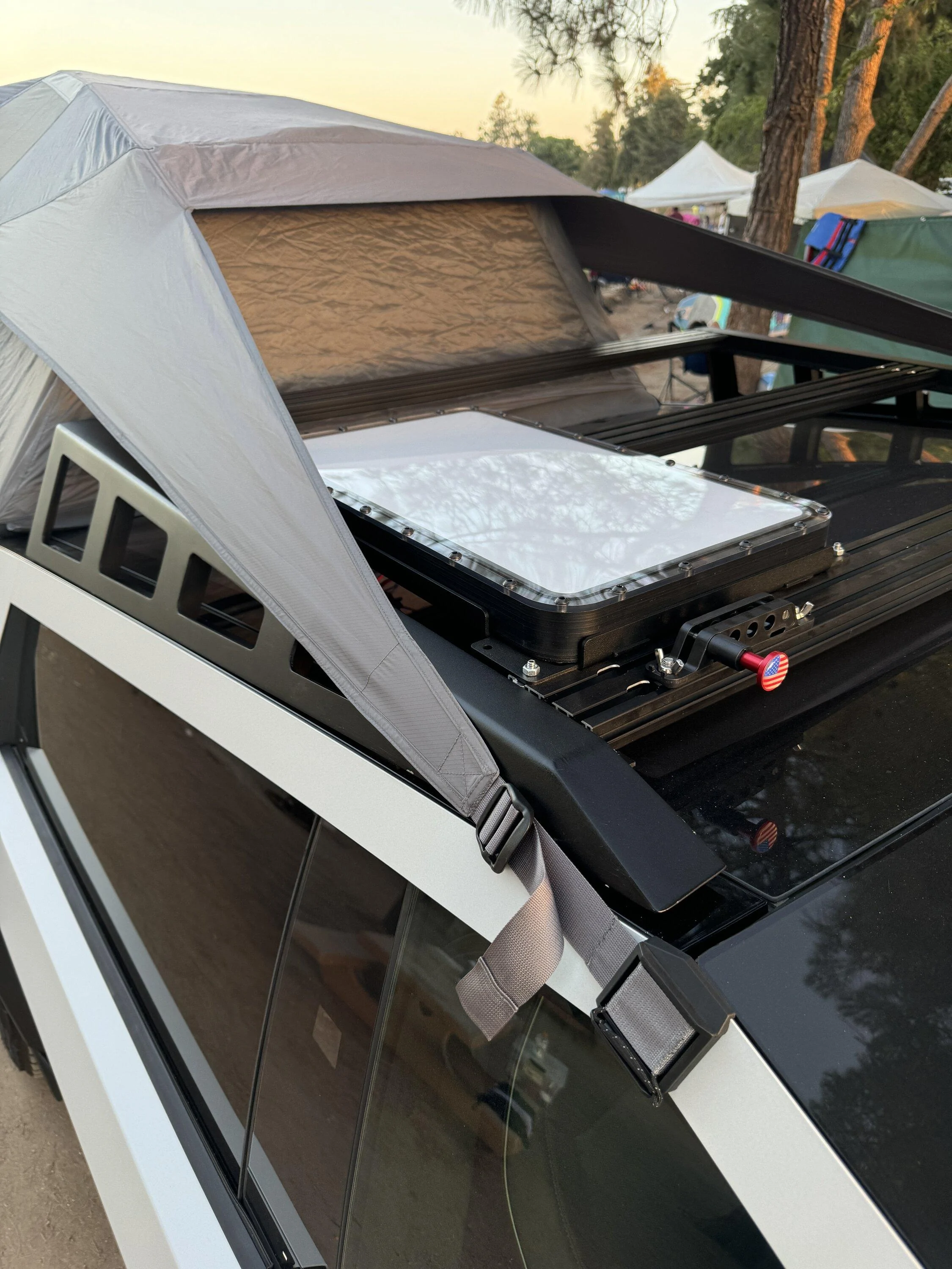 Tesla Cybertruck Starlink Gen2 dish flat mounted on Cybertruck roof top, powered by 48v IMG_2190